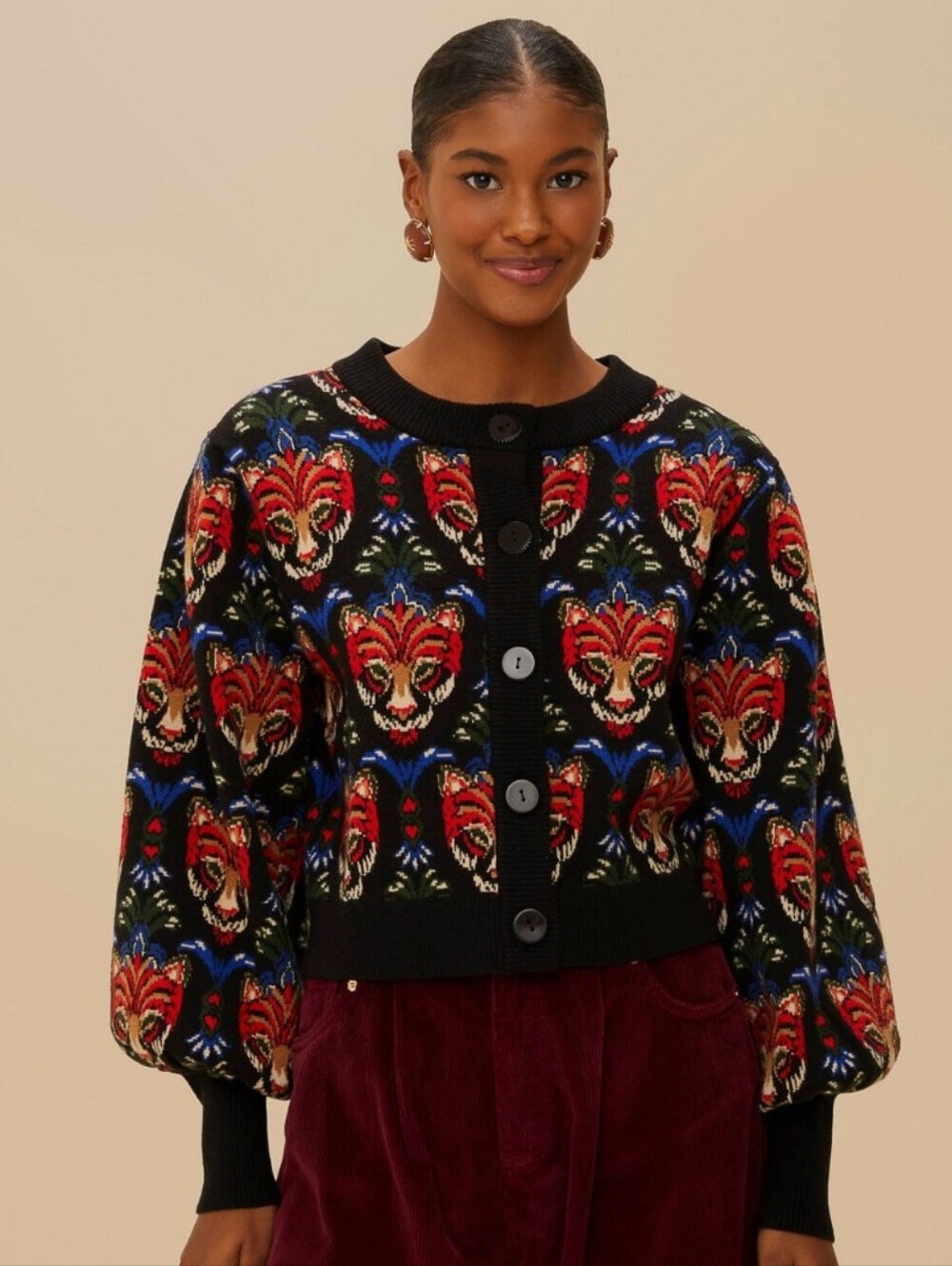 NEW Farm Rio Panther Cardigan Boho Black Sweater Balloon Buttons Size Large